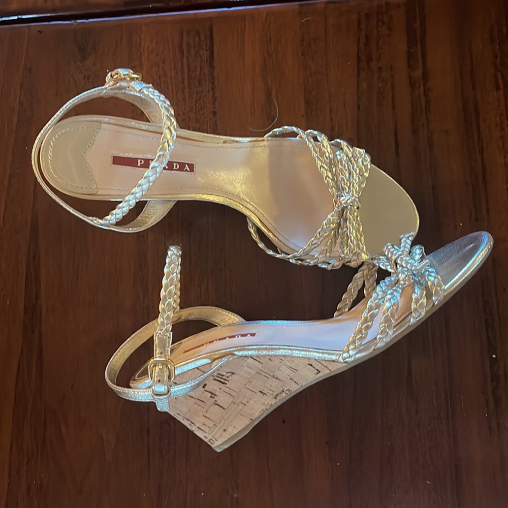 Prada Gold Metallic Braided Cork Wedge - Picture 2 of 4